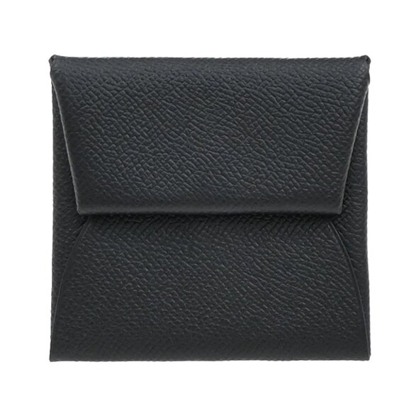 HERMES Logo Bastia Campact Wallet Coin Case Leather Black France 30RF640 - Picture 1 of 11